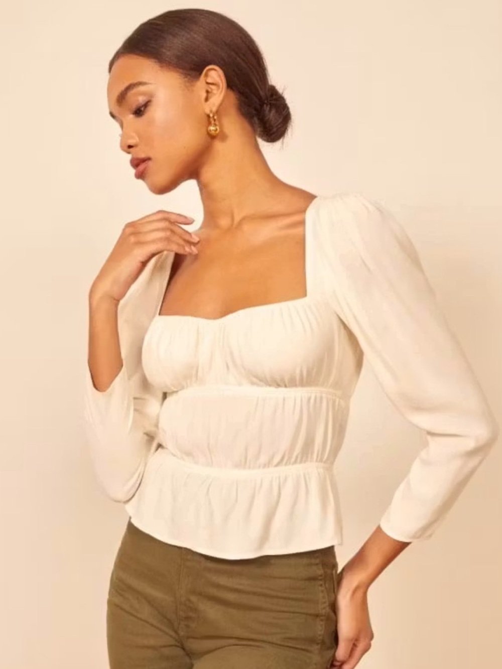 REFORMATION Cream Square-Neck Milkmaid Blouse